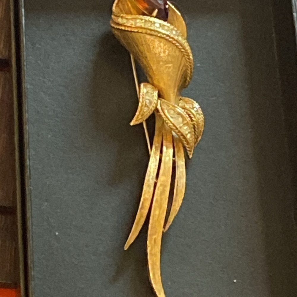 Vintage Sarah Coventry High Fashion Brooch Large Amber Rhinestone